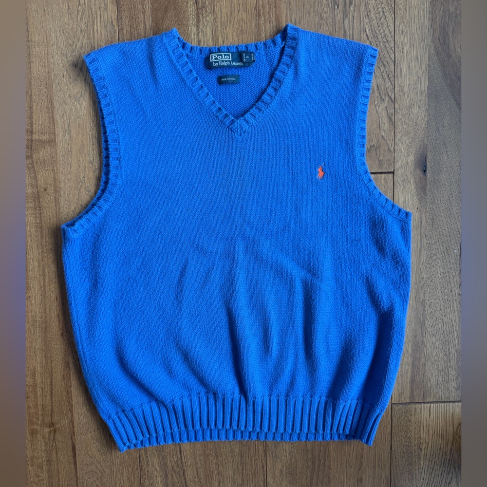 Ralph Lauren Blue Vintage Sweater Vest 100% Cotton Men Sz 25‎ Preppy Tennis Golf
